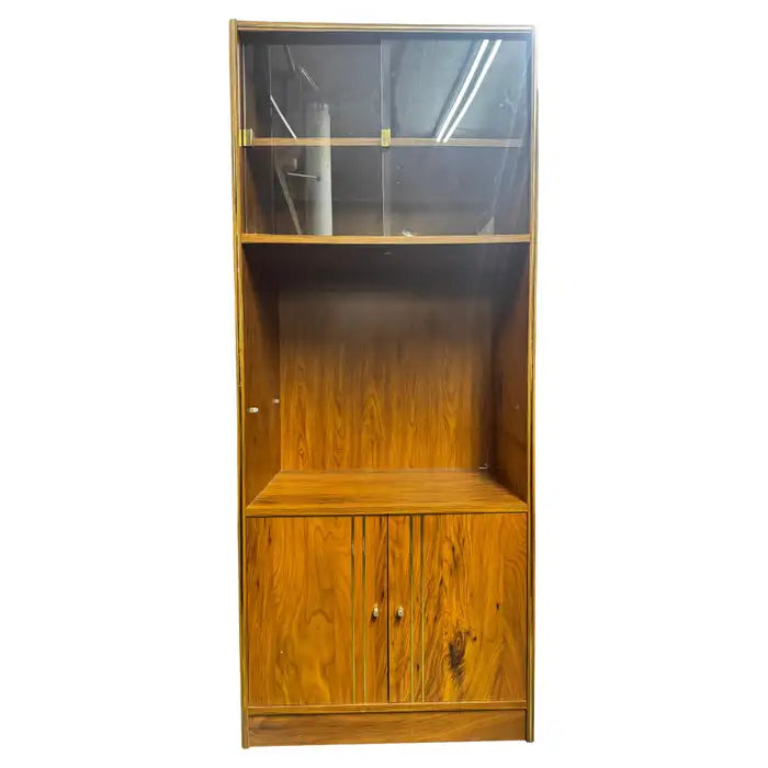 Modern walnut and glass lighted display bookcase