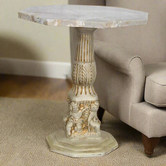 Octagon marble stone top side table with ornate carved base