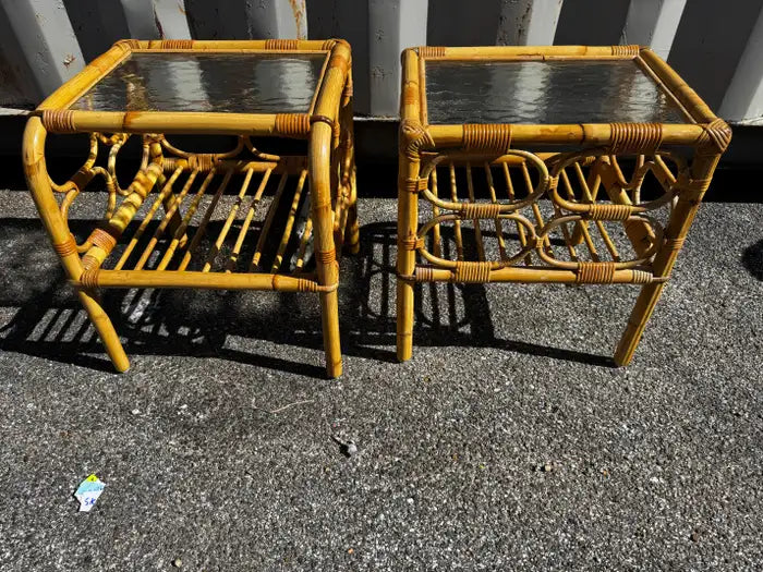 Retro tiki style woven rattan side tables