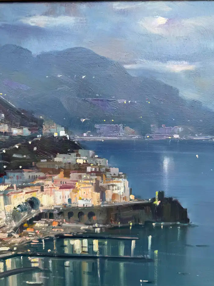 Vintage Italy coastline painting with textured brushwork