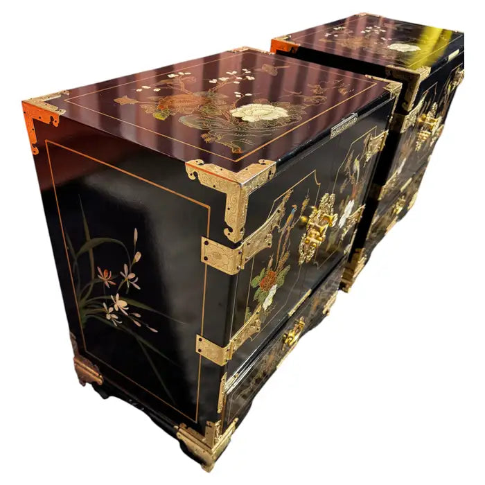 Ornate Chinoiserie bedside tables with scenic artwork