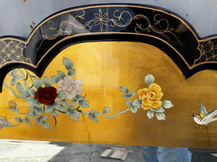 Chinoiserie wall mirror intricate painted gold patterns black finish