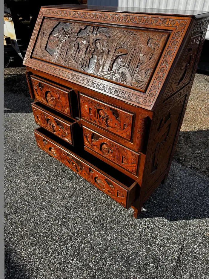 Antique Asian secretary cabinet with detailed carvings