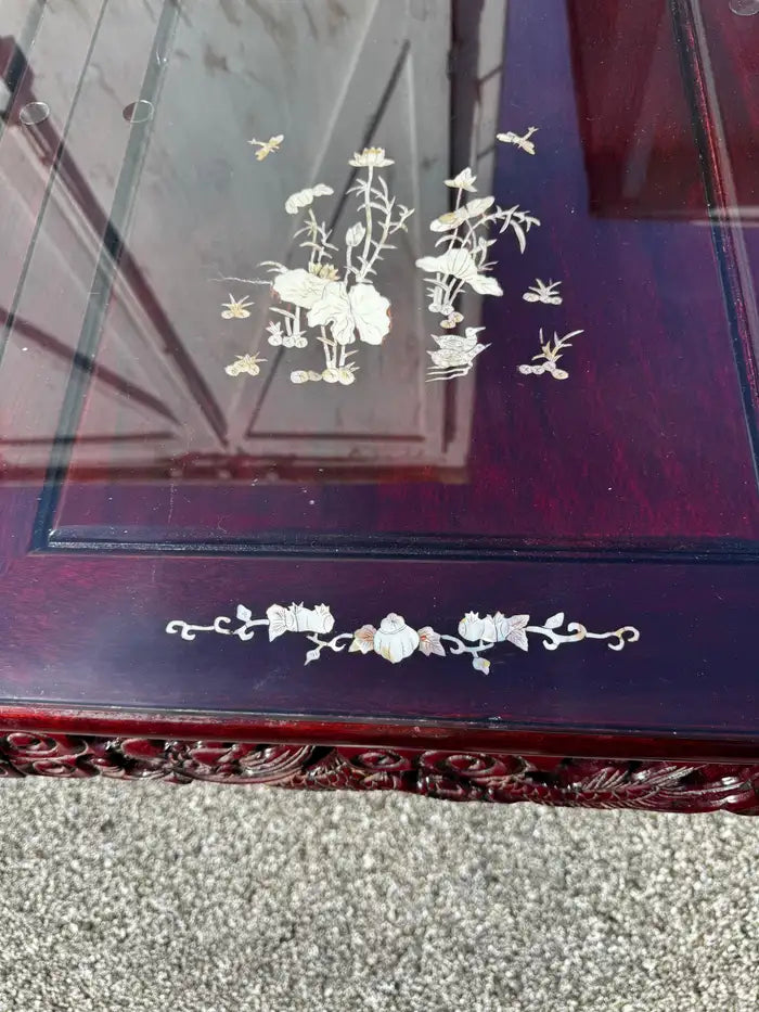 Classic carved wood dining table detailed inlay craftsmanship