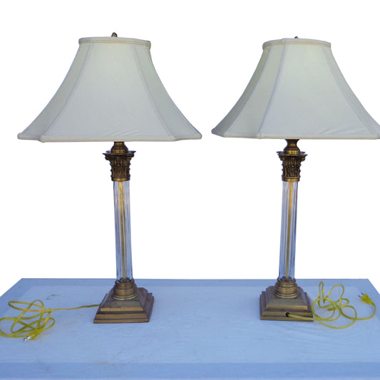 Pair of 31-inch crystal table lamps with classic white shades