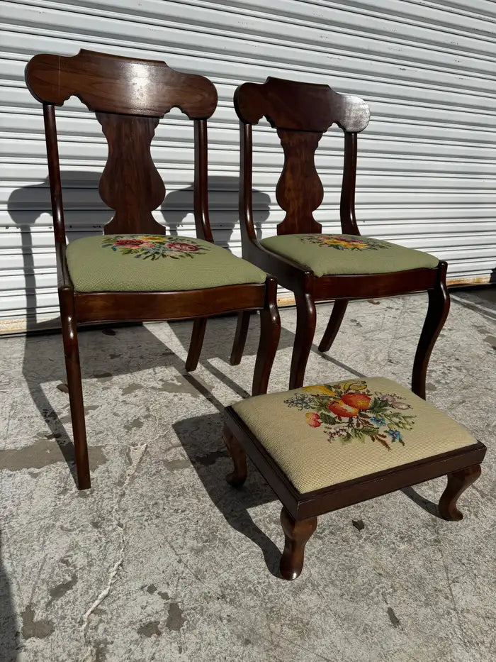 Needlepoint accent chairs with matching footrest