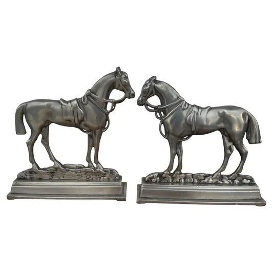 pewter horse bookends with stallion and mare sculpture design