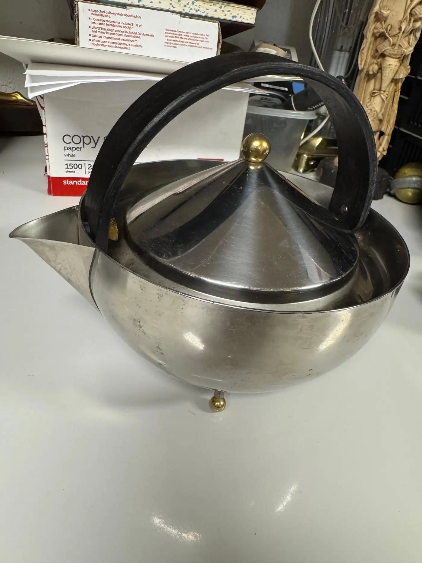 Collectible Postmodern Bodum Stainless Steel Teapot with Wooden Arch Handle.