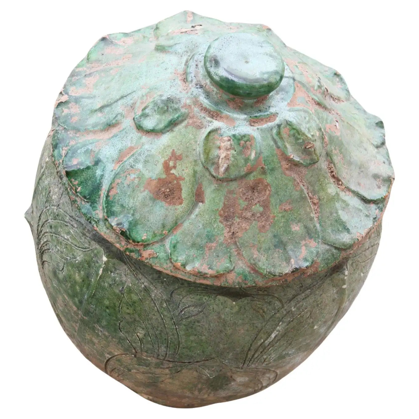 Historical Chinese pottery offering jar with patina
