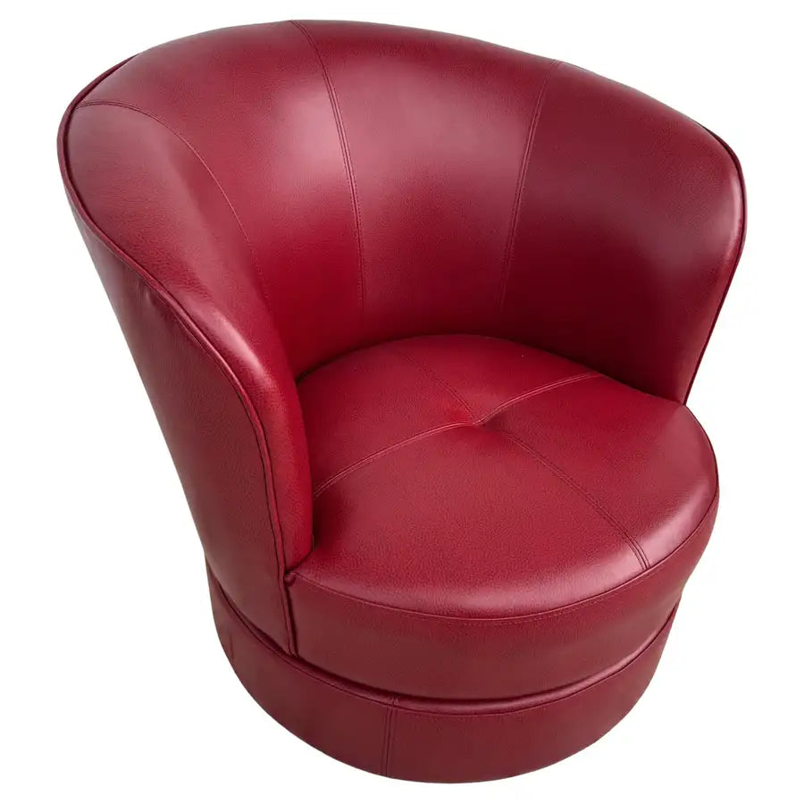 red leather swivel lounge chair with barrel back design