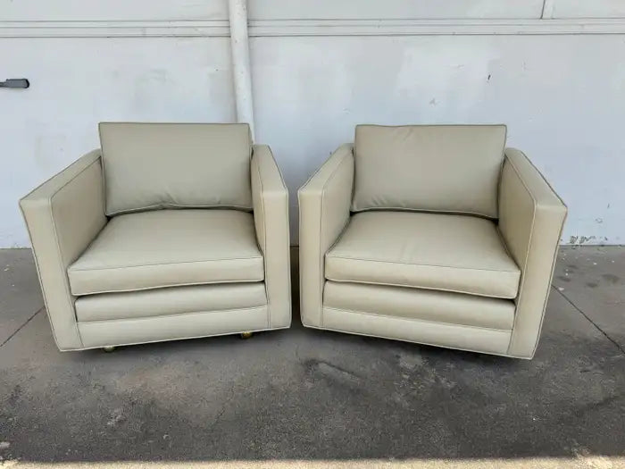 Vintage Dunbar style lounge chairs with modern upholstery