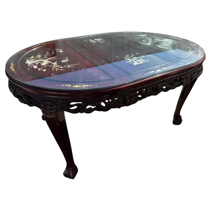 Rosewood dining table with mother of pearl inlay carved base design