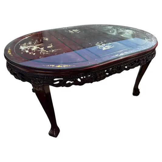 Rosewood dining table with mother of pearl inlay carved base design