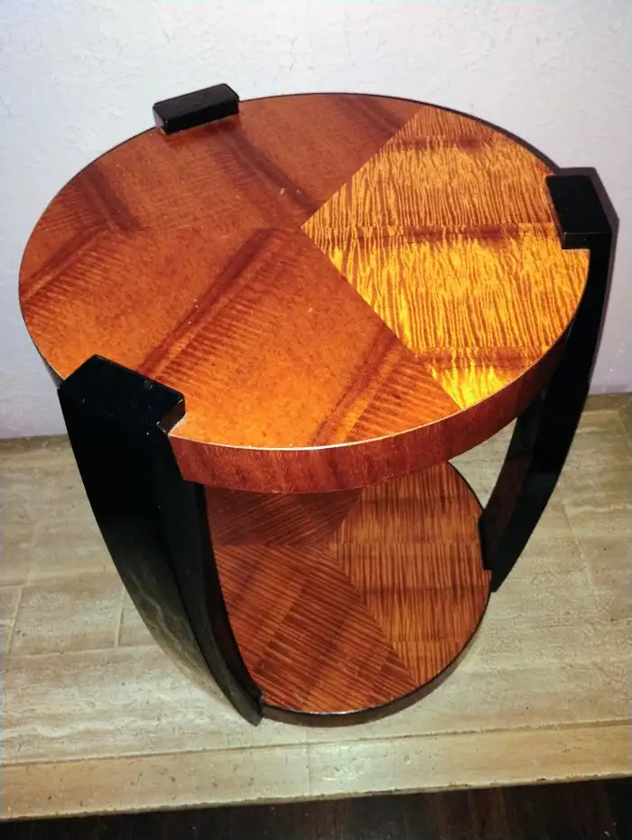 Vintage round end table with figured burl veneer