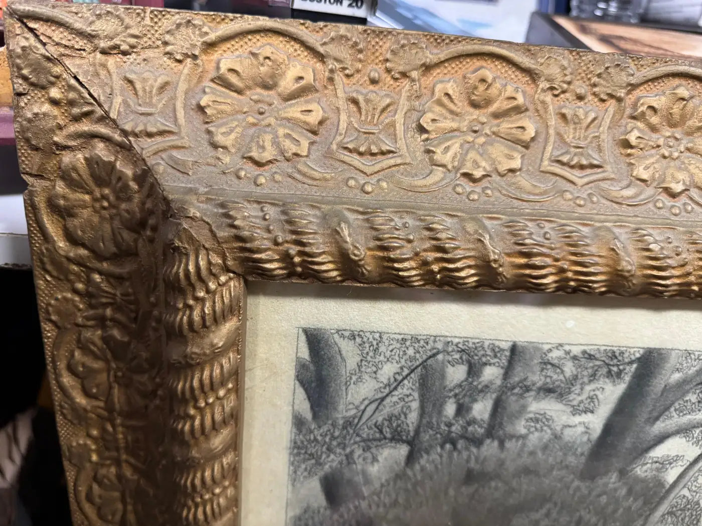 Black and white pencil sketch of cows by water, countryside