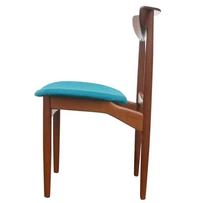 Sculpted teak chair blue wool seat Danish modern