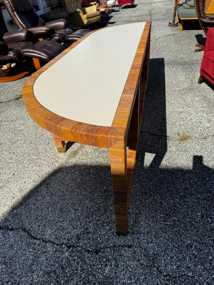 Curved entryway console table with brass feet