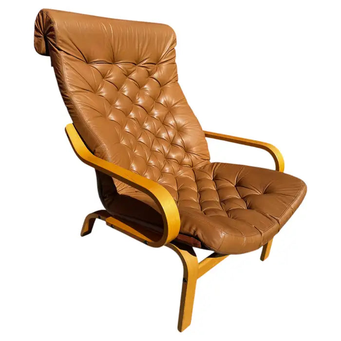 Mid century modern bentwood leather lounge chair with sculptural curved frame