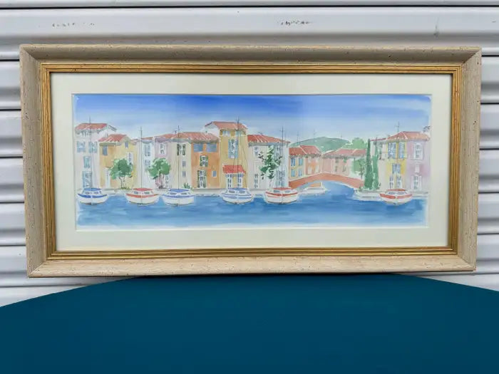 vintage harbor watercolor painting seaside landscape artwork