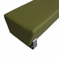Sleek green upholstered bench chrome block legs 70 inch long