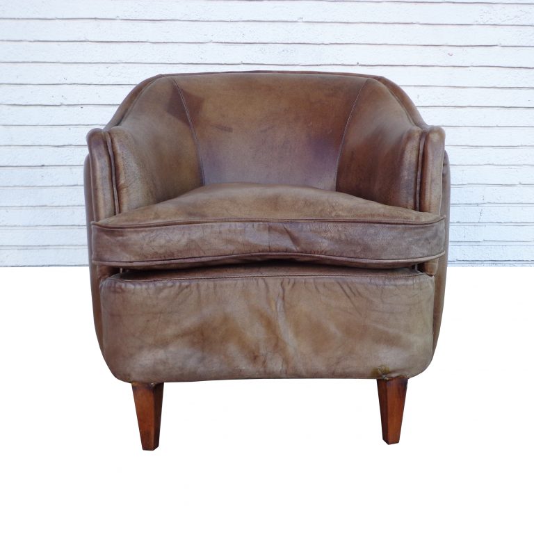 Small vintage leather lounge chair barrel style