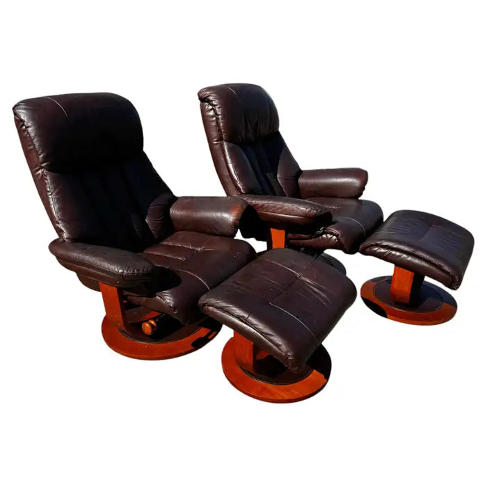 Swedish mid century brown leather swivel lounge chair