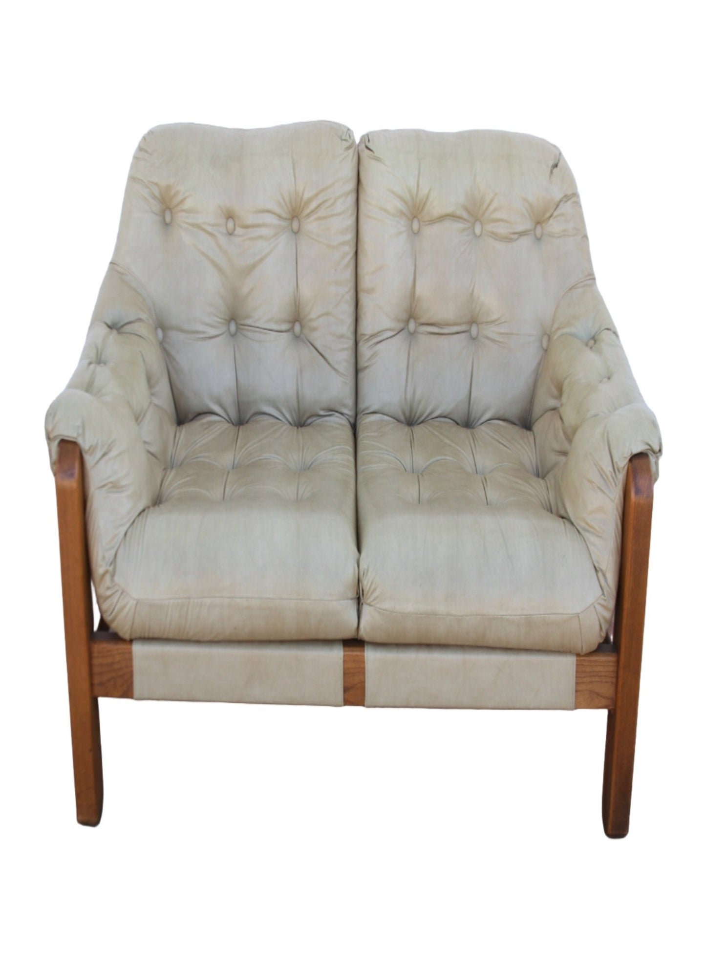 Mid Century teak loveseat. Crafted with attention to detail, this love seat sofa is a true statement piece. Don't miss this chance to own a classic!