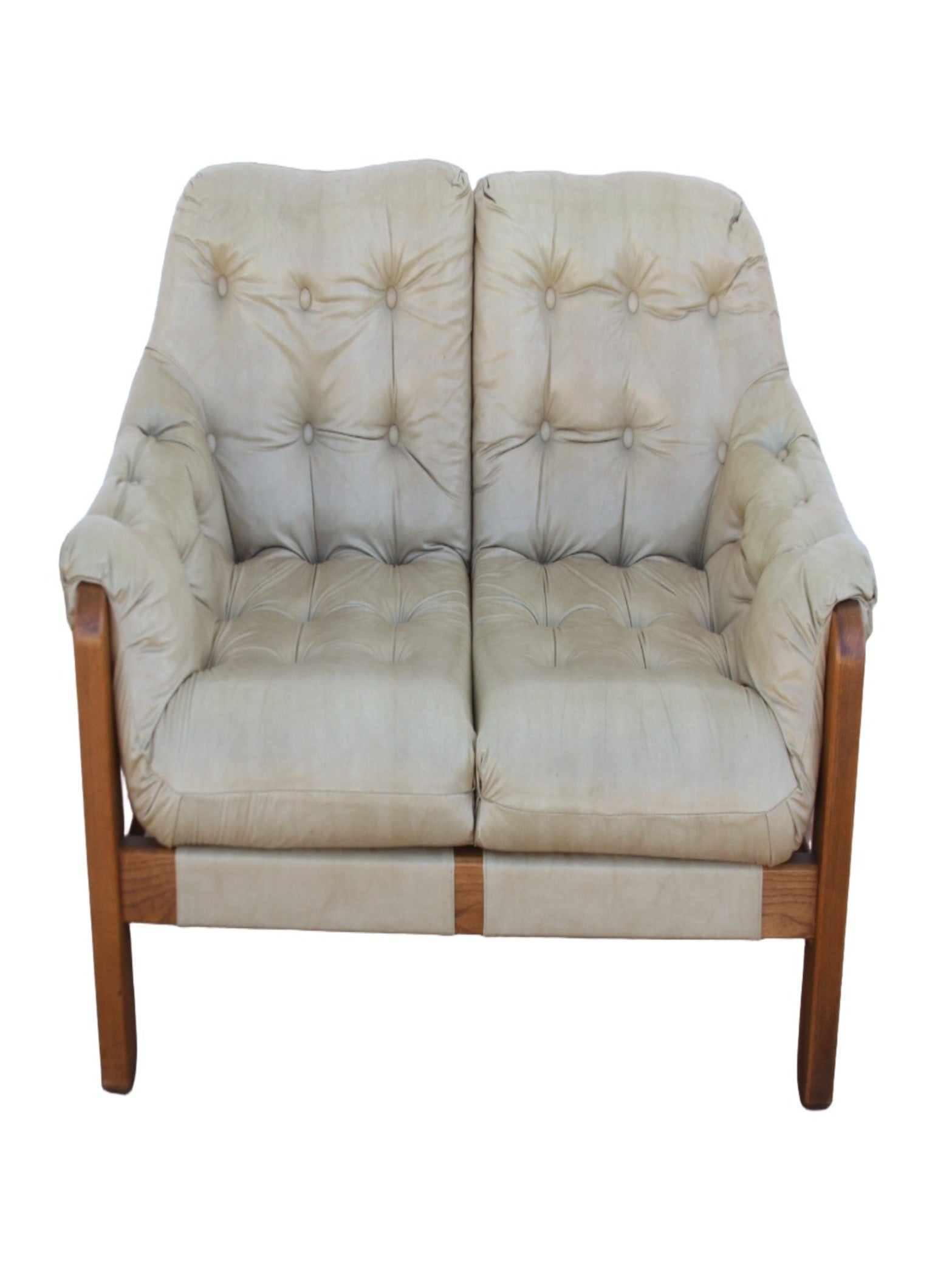 Mid Century teak loveseat. Crafted with attention to detail, this love seat sofa is a true statement piece. Don't miss this chance to own a classic!