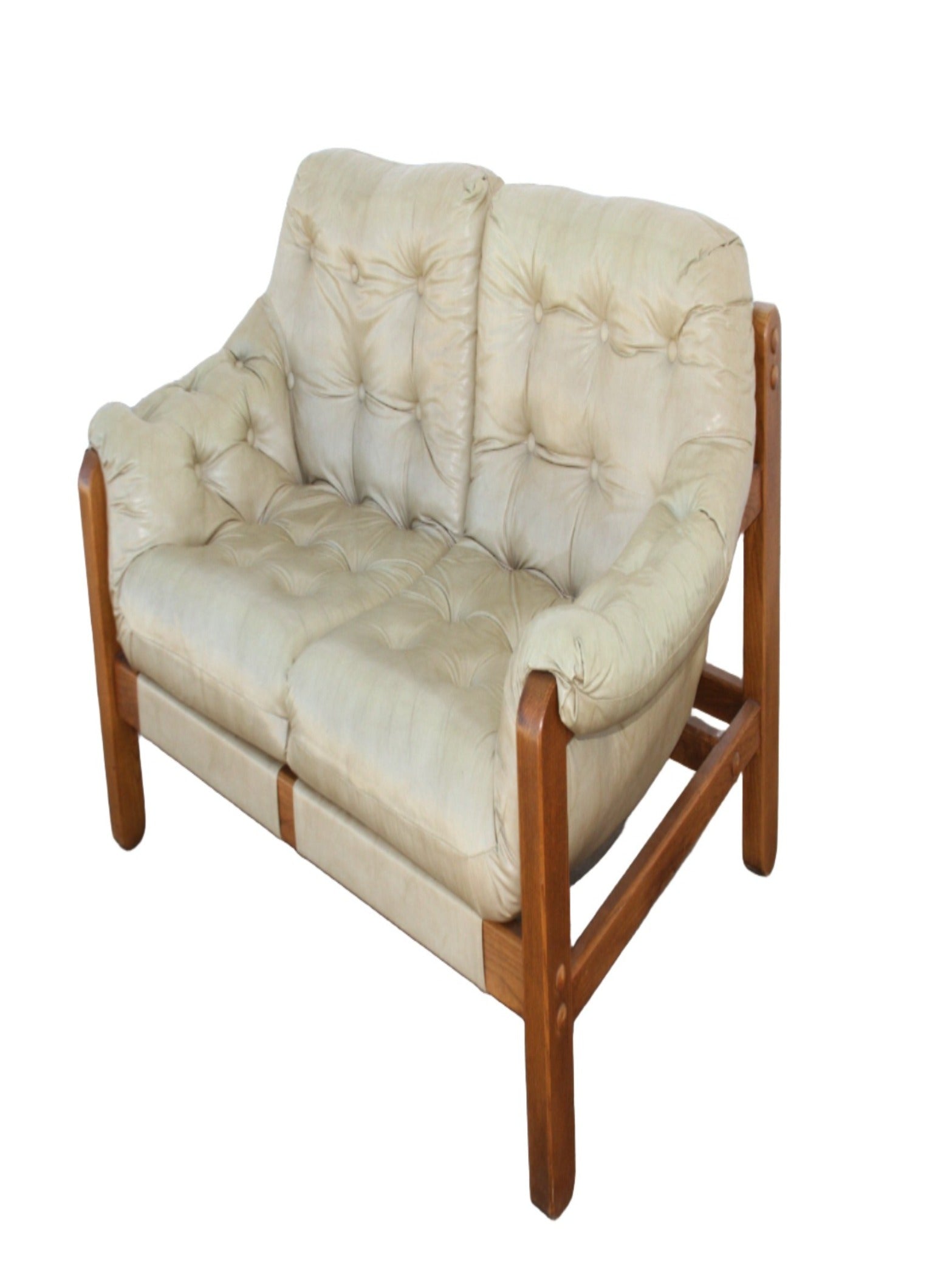 perfect blend of vintage charm and modern style with this exceptional Mid Century teak loveseat. This love seat sofa is a rare find for discerning buyers. Grab it before it's gone!
