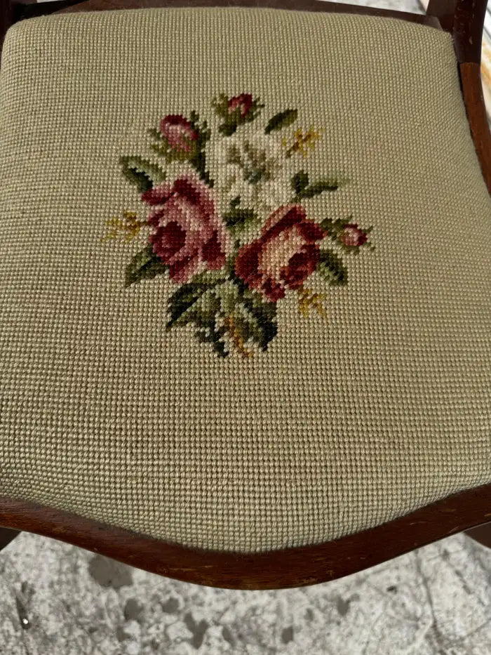 antique style side chair floral needlepoint seat