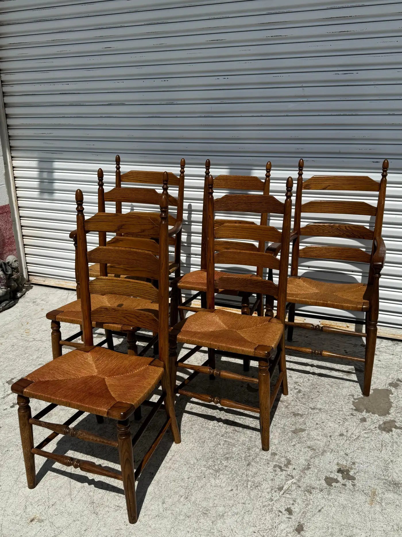 Set of 6 Vintage Walnut Ladderback Rush Seat Dining Chairs