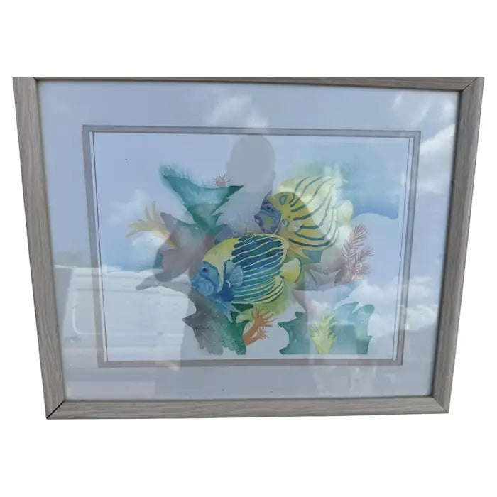 Framed tropical angelfish marine life artwork from 1990