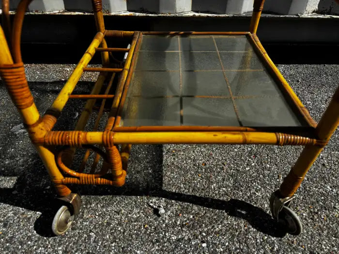 Retro tropical bamboo cocktail cart on wheels