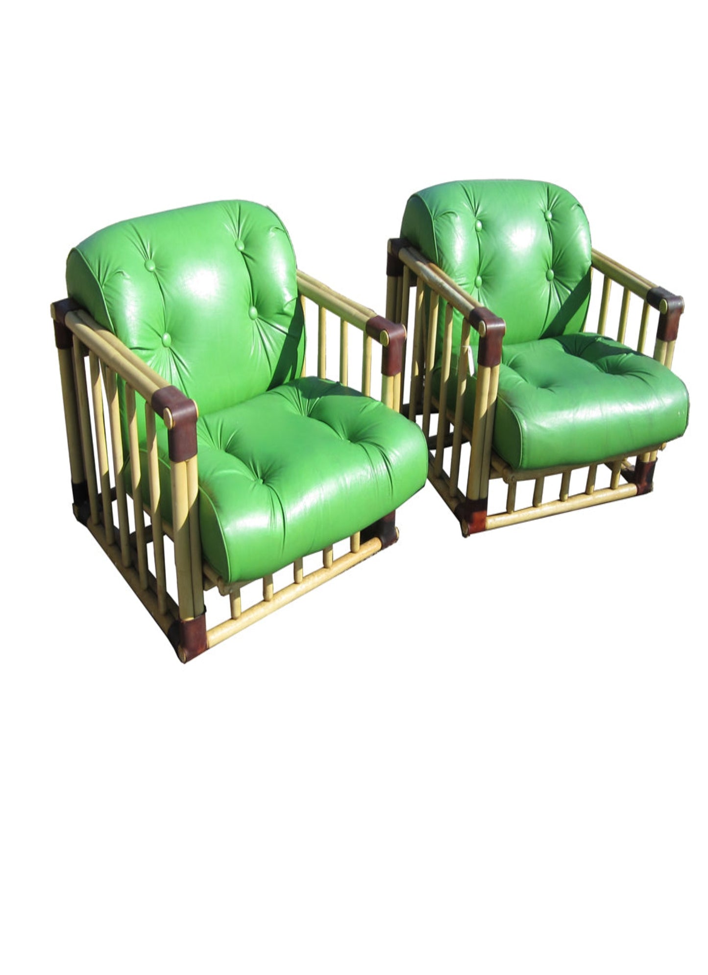 Pair of vintage bamboo tufted lounge patio armchairs