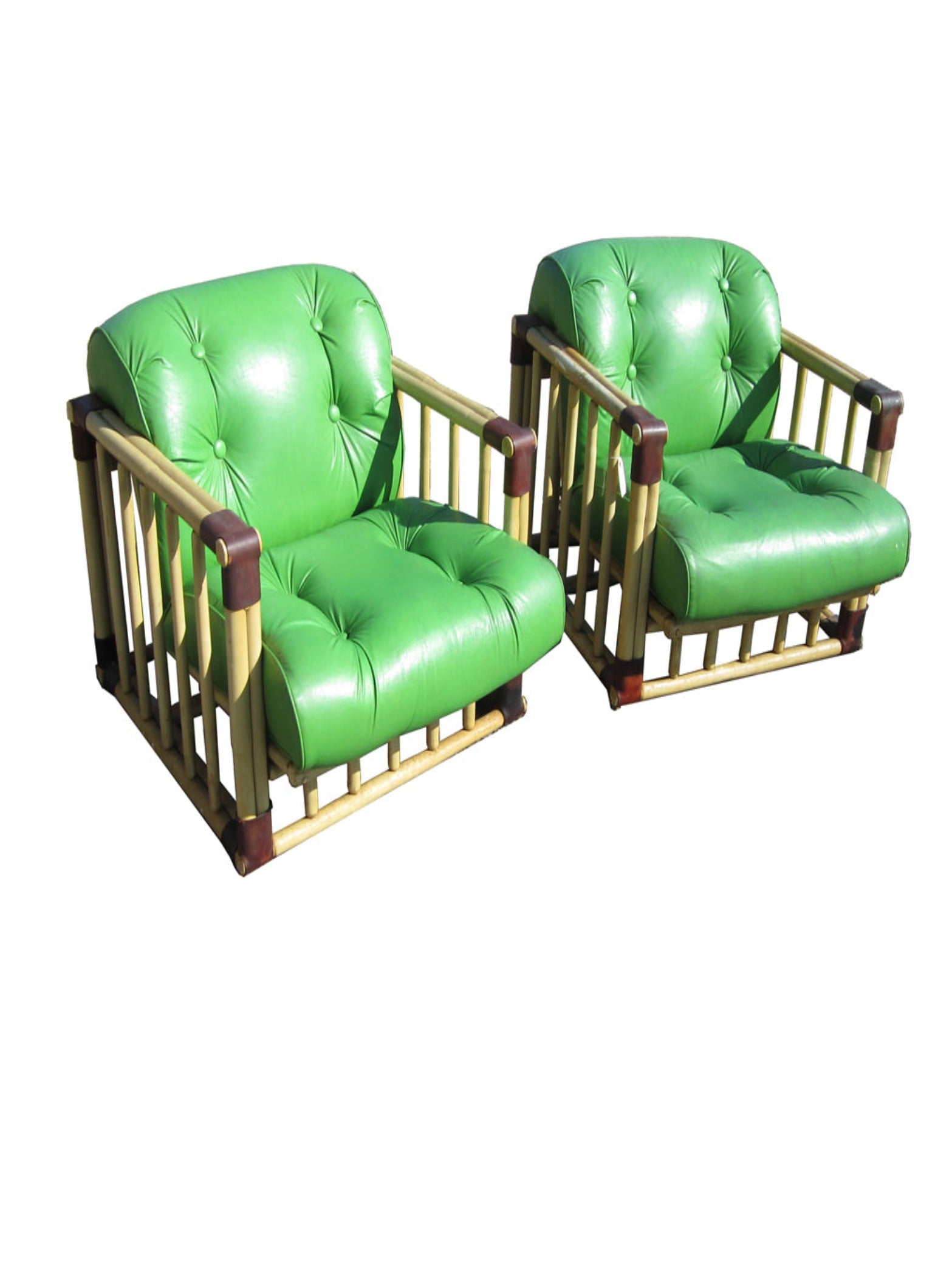 Pair of vintage bamboo tufted lounge patio armchairs