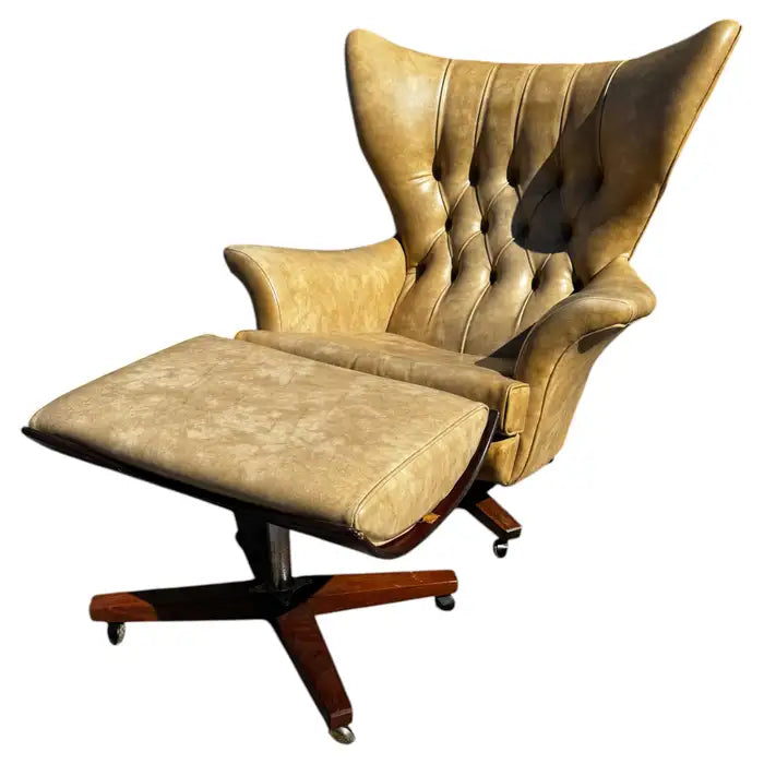 Vintage tufted leather armchair and footrest set