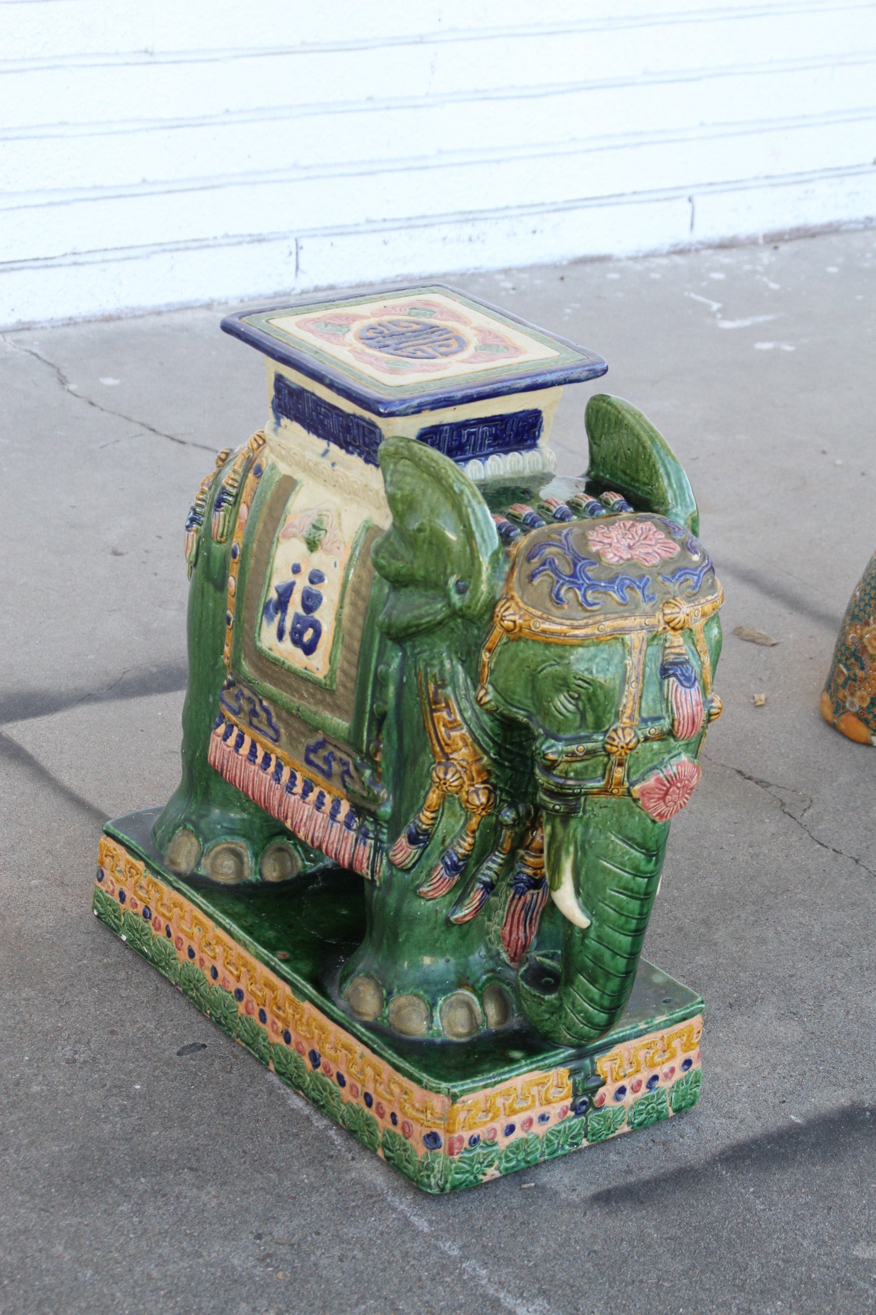Hand-painted green ceramic garden stool