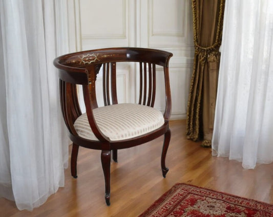 Victorian barrel chair with inlaid wood