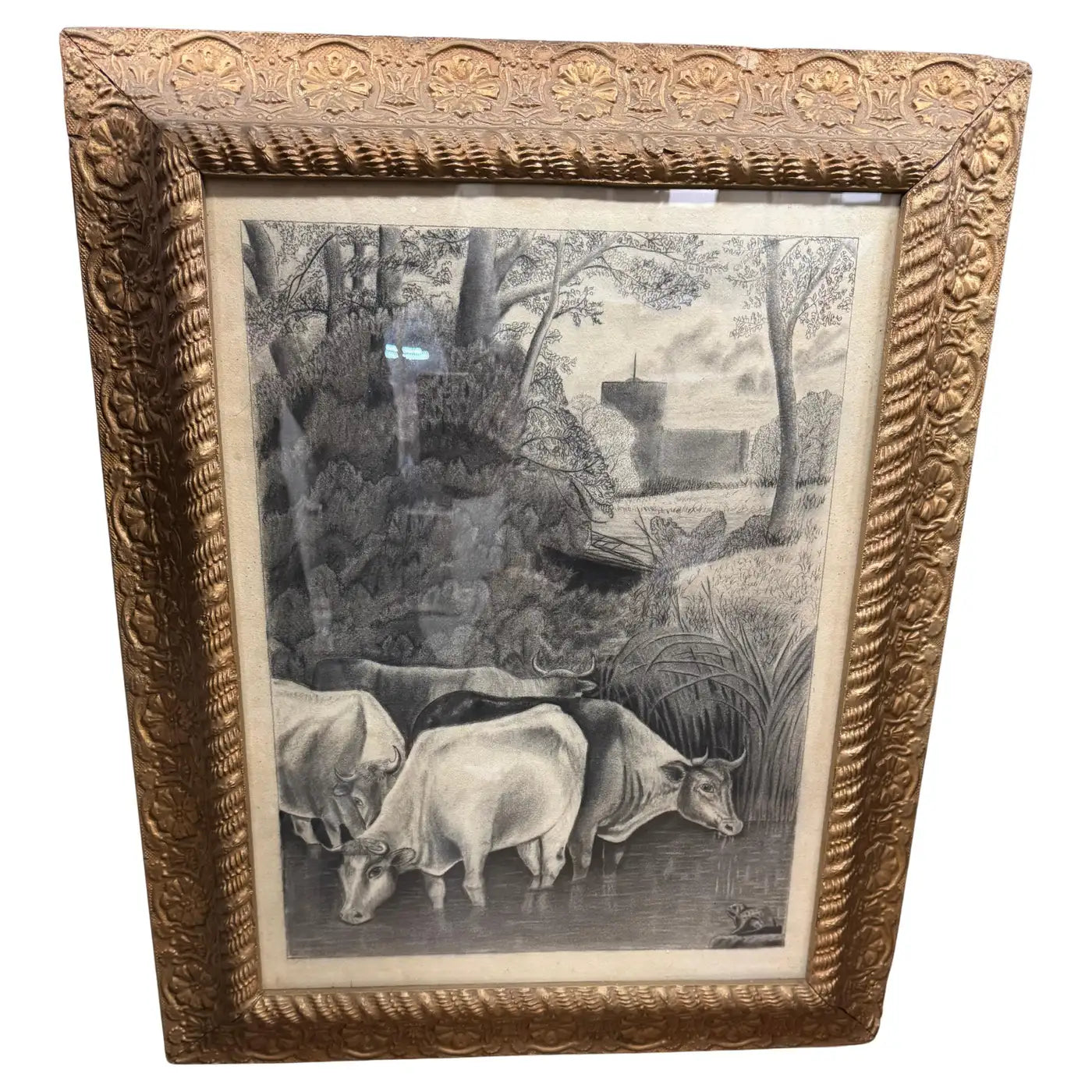19th-century pencil art, peaceful cattle, rural grazing scene