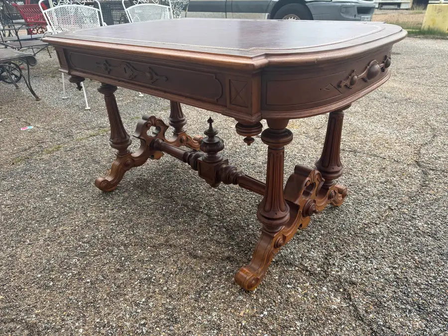 Victorian style walnut office desk with hand carved details