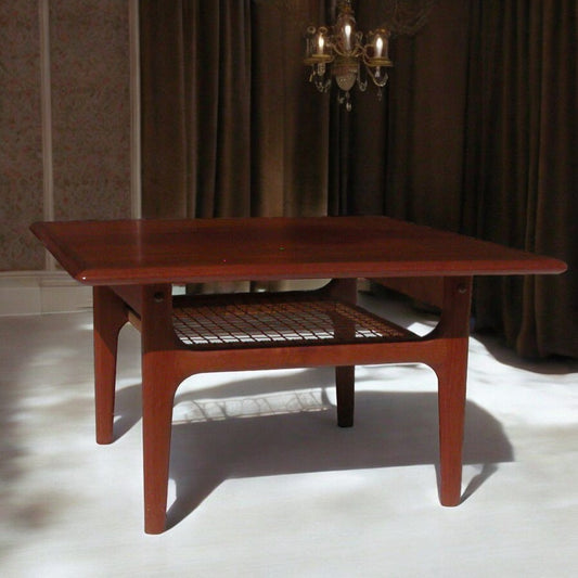 Vintage Danish Trioh side table with cane shelf