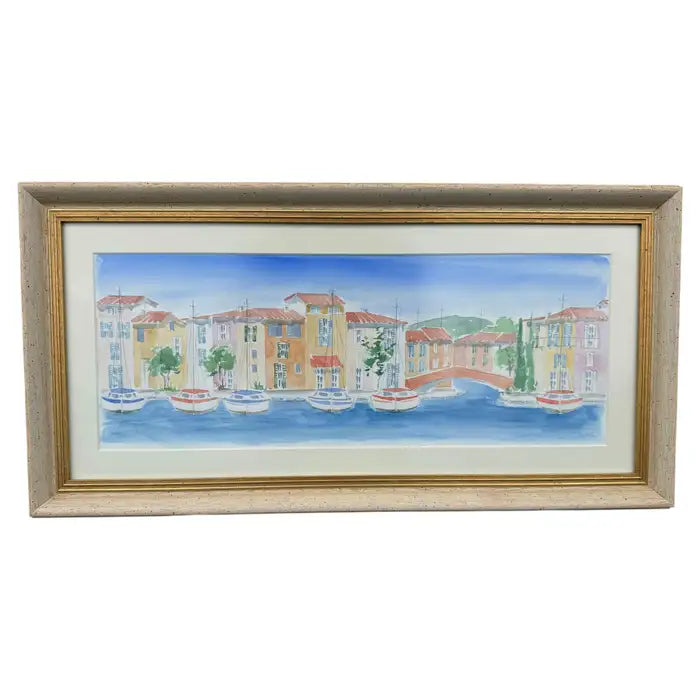 American watercolor waterfront scene vintage coastal painting