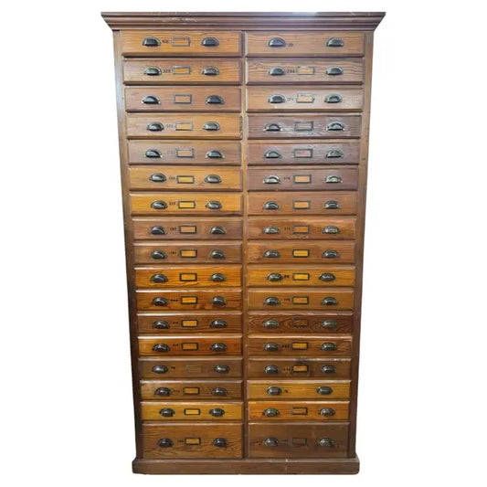 Vintage card catalog cabinet with 34 storage drawers