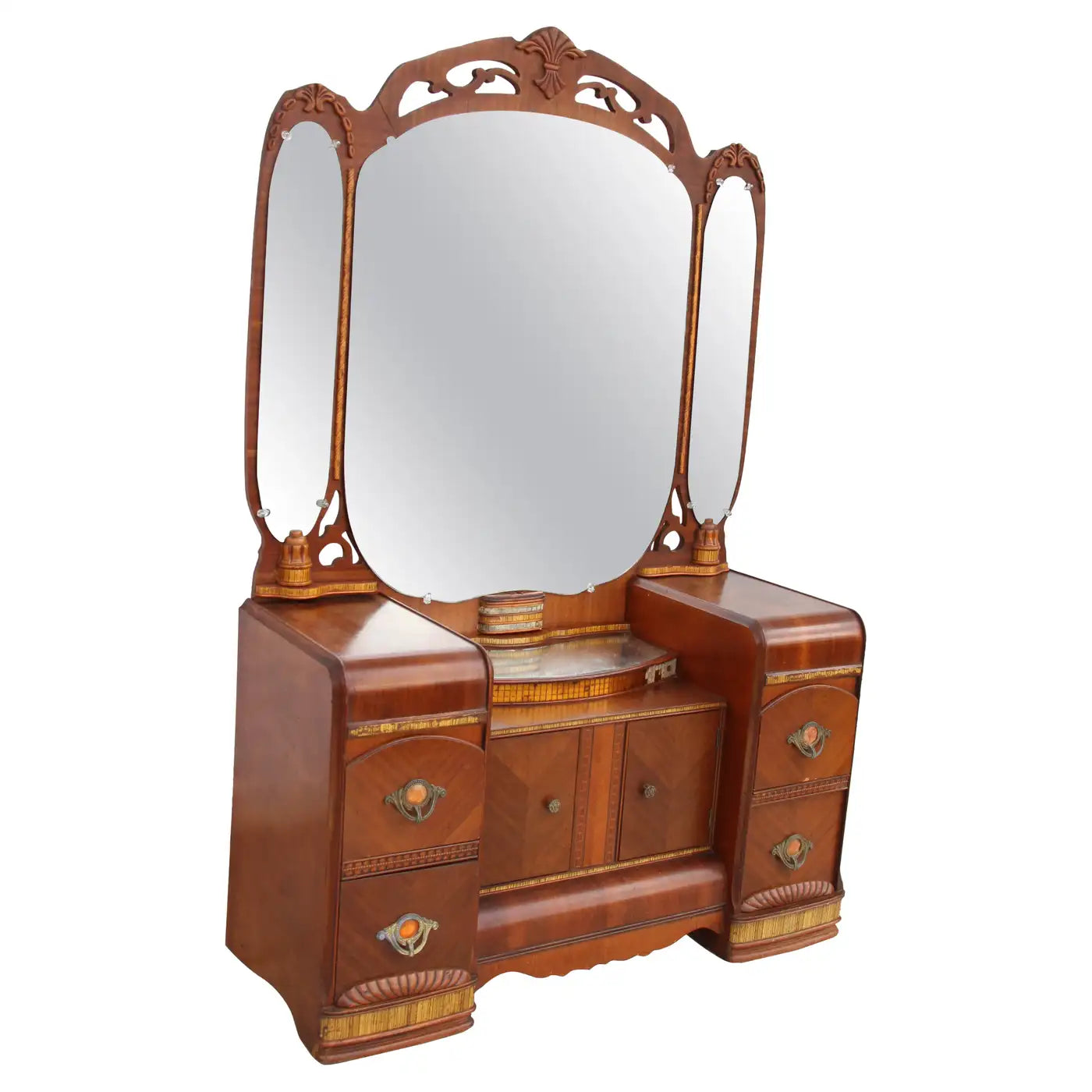 Ornate Deco vanity dresser with triple panel mirror