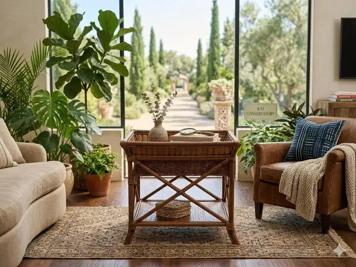 Vintage bamboo wicker side table with woven craftsmanship