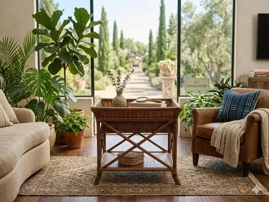Vintage bamboo wicker side table with woven craftsmanship
