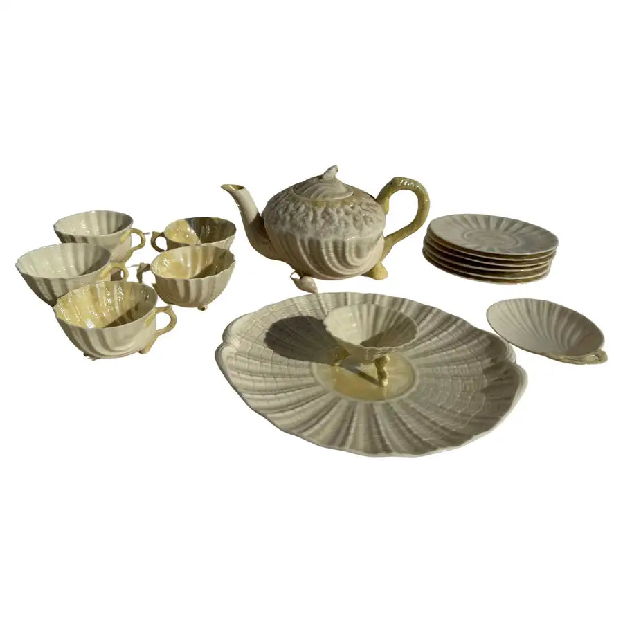Vintage Belleek Neptune porcelain tea set with wave pattern design