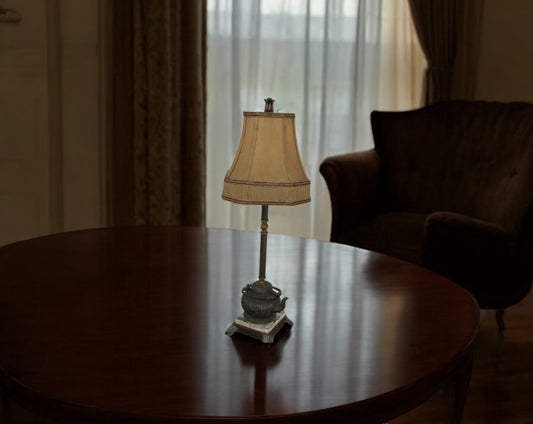 Vintage brass teapot lamp by Quoizel with fabric shade