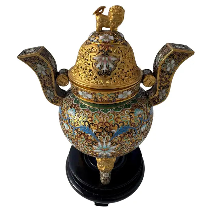 Vintage cloisonné foo dog incense burner with gilt enamel