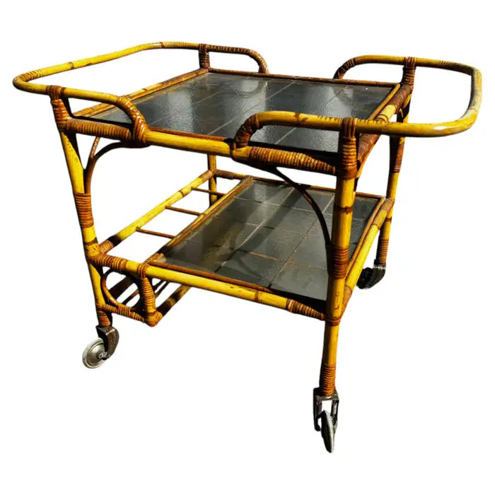 Mid century rolling bamboo serving cart